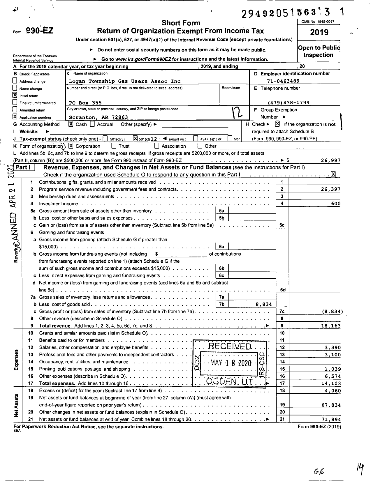 Image of first page of 2019 Form 990EO for Logan Township Gas Users Association