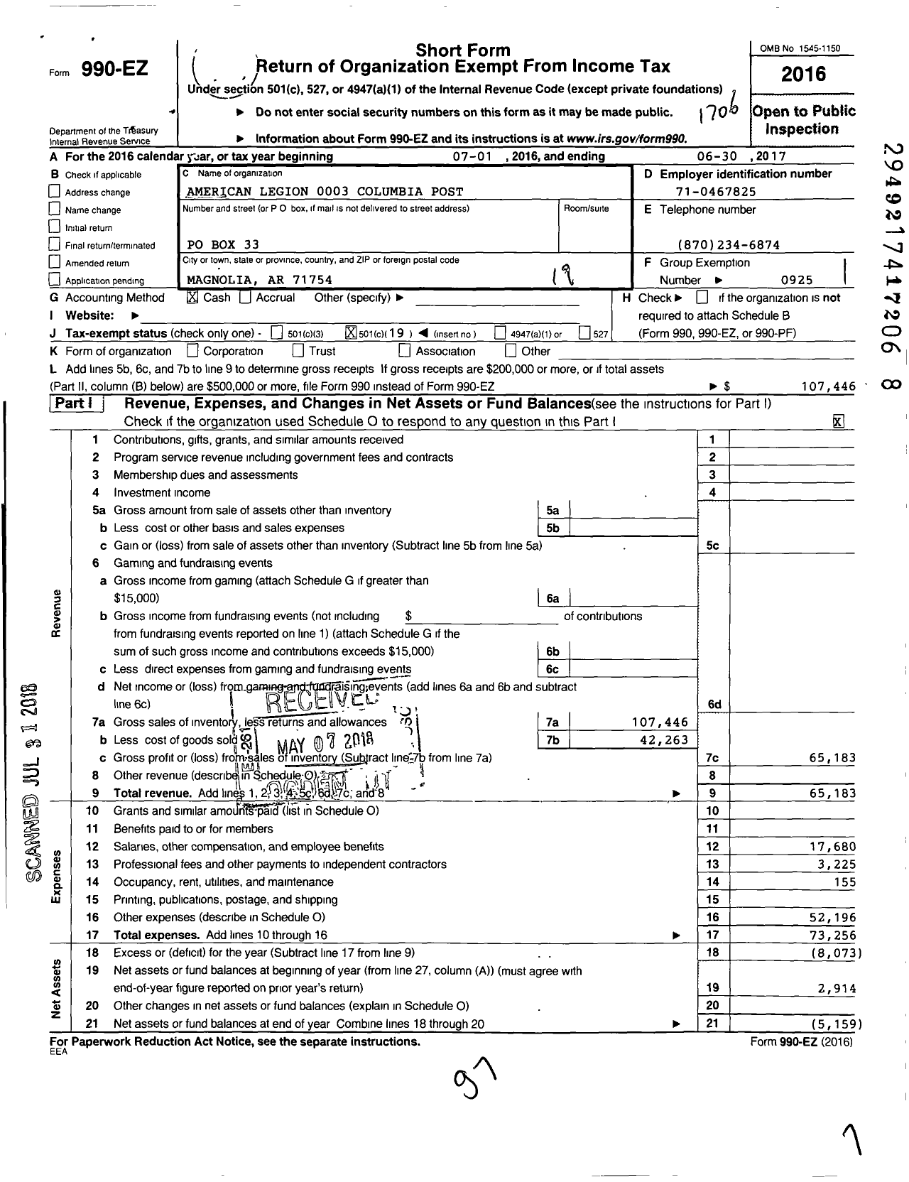 Image of first page of 2016 Form 990EO for American Legion - 0003 Columbia Post