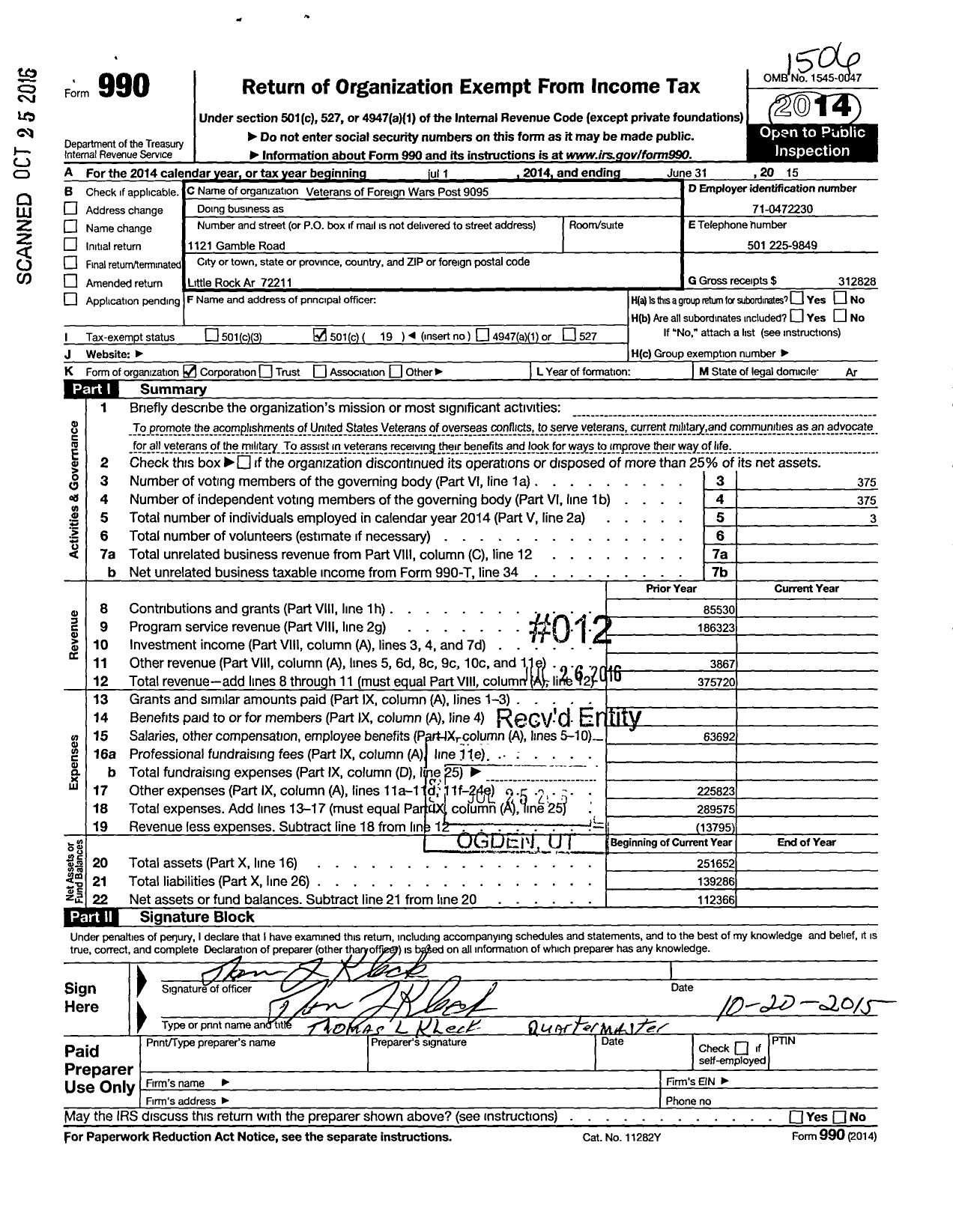 Image of first page of 2014 Form 990O for Veterans of Foreign Wars Department of Arkansas