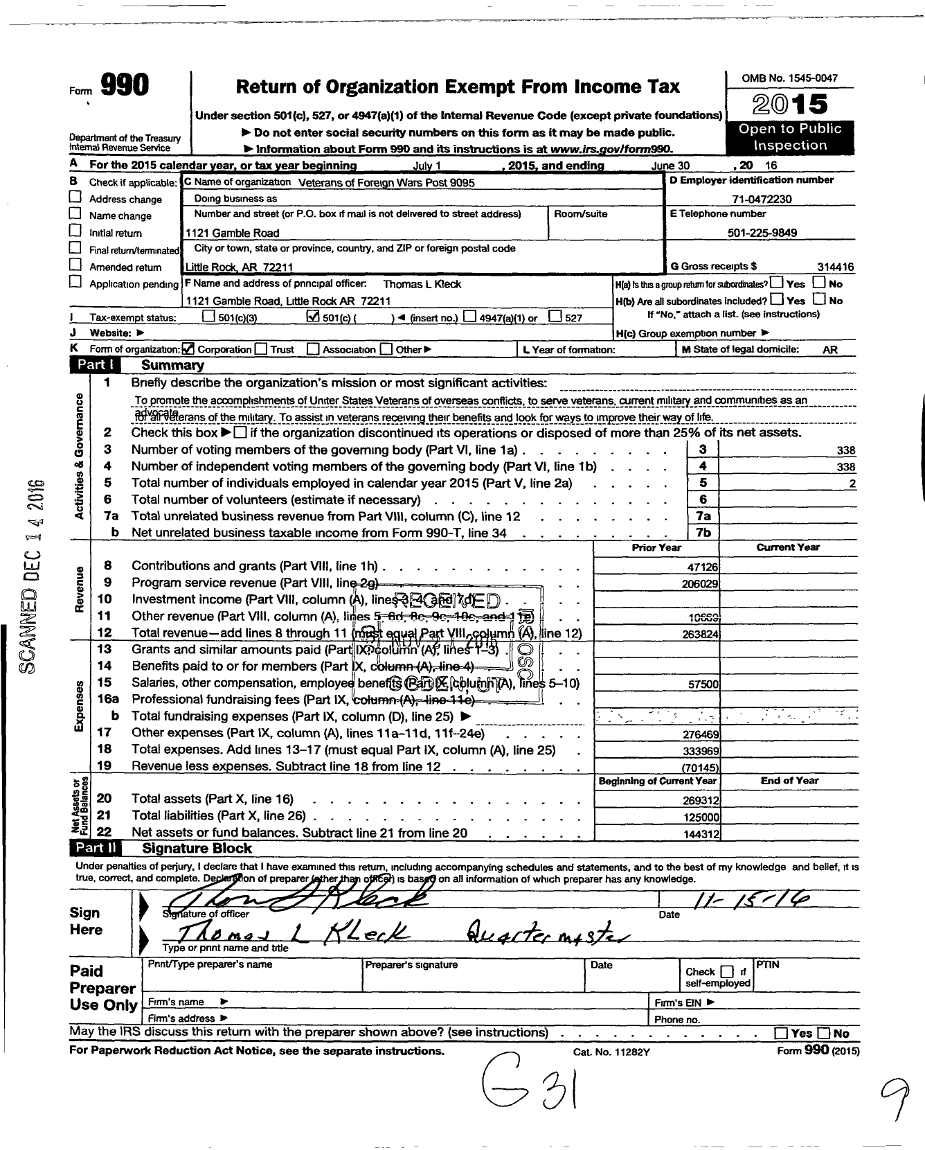 Image of first page of 2015 Form 990O for Veterans of Foreign Wars Department of Arkansas