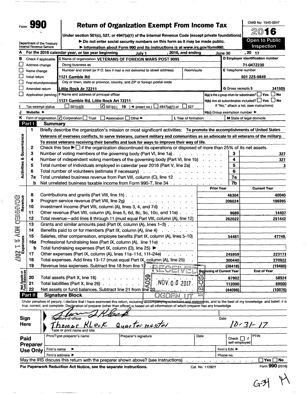 Image of first page of 2016 Form 990O for Veterans of Foreign Wars Department of Arkansas