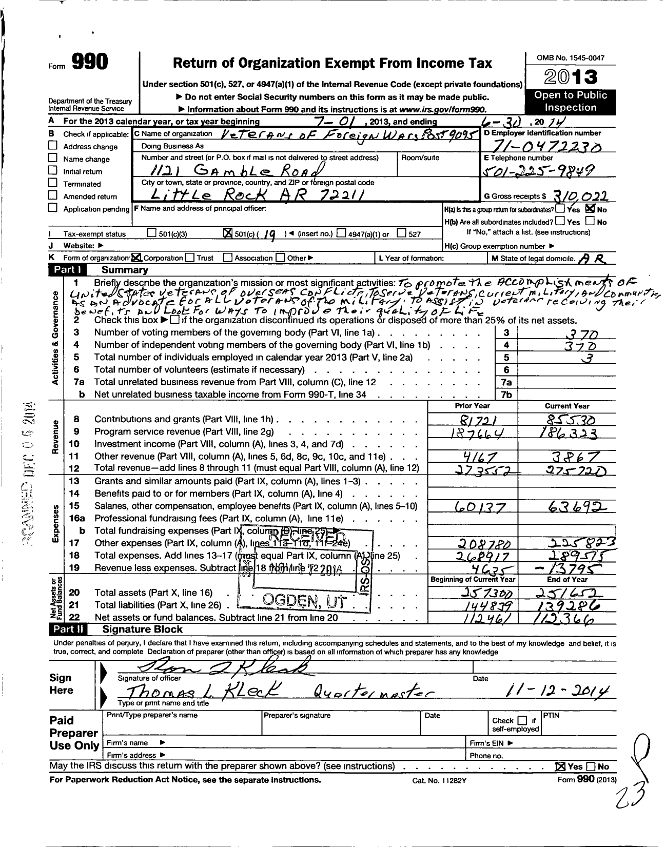 Image of first page of 2013 Form 990O for Veterans of Foreign Wars Department of Arkansas