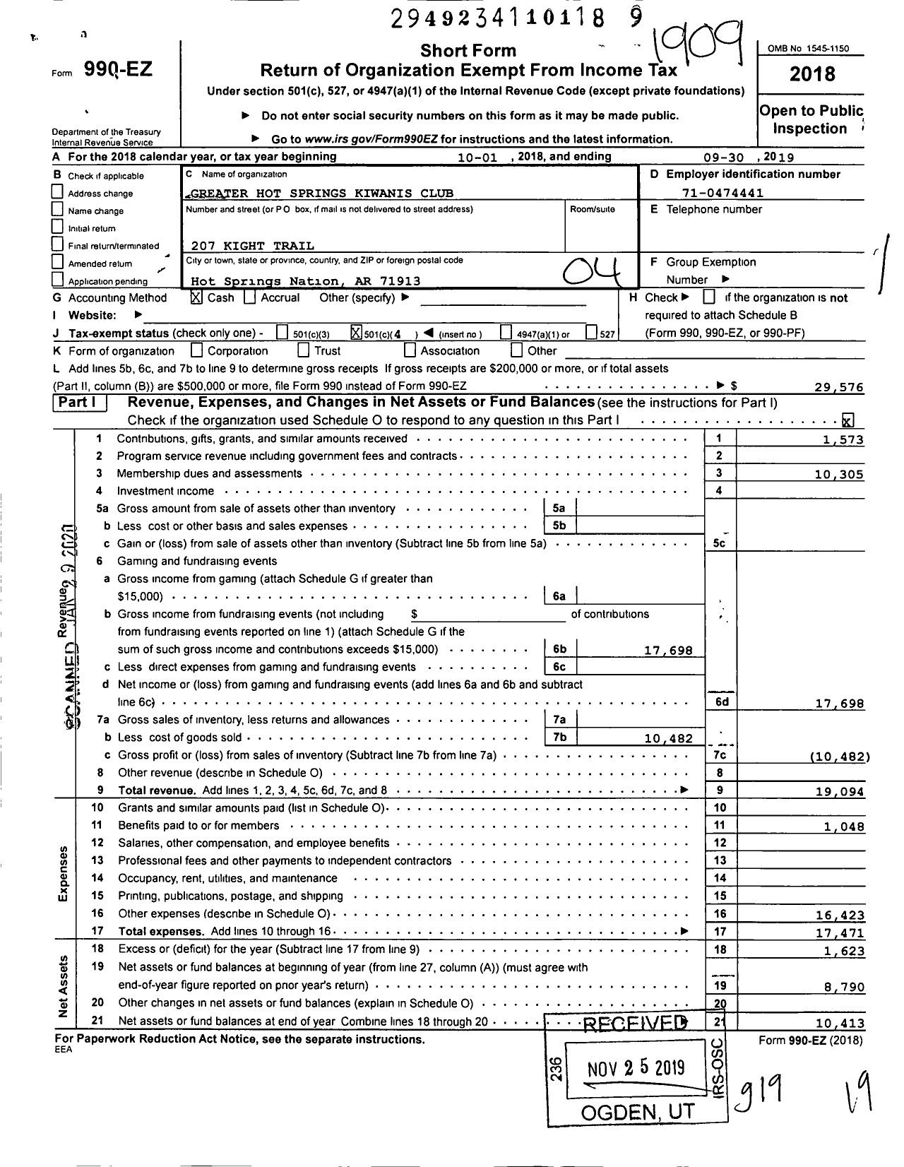 Image of first page of 2018 Form 990EO for Kiwanis International - K08312 Greater Hot Springs