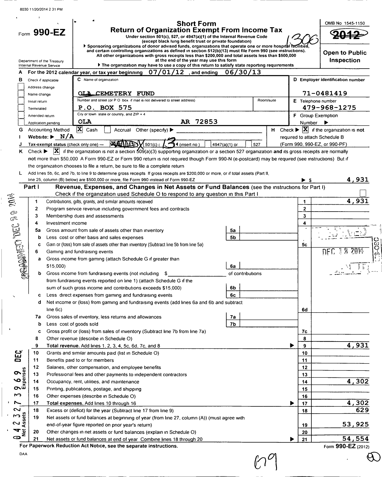 Image of first page of 2012 Form 990EO for Ola Cemetery Fund