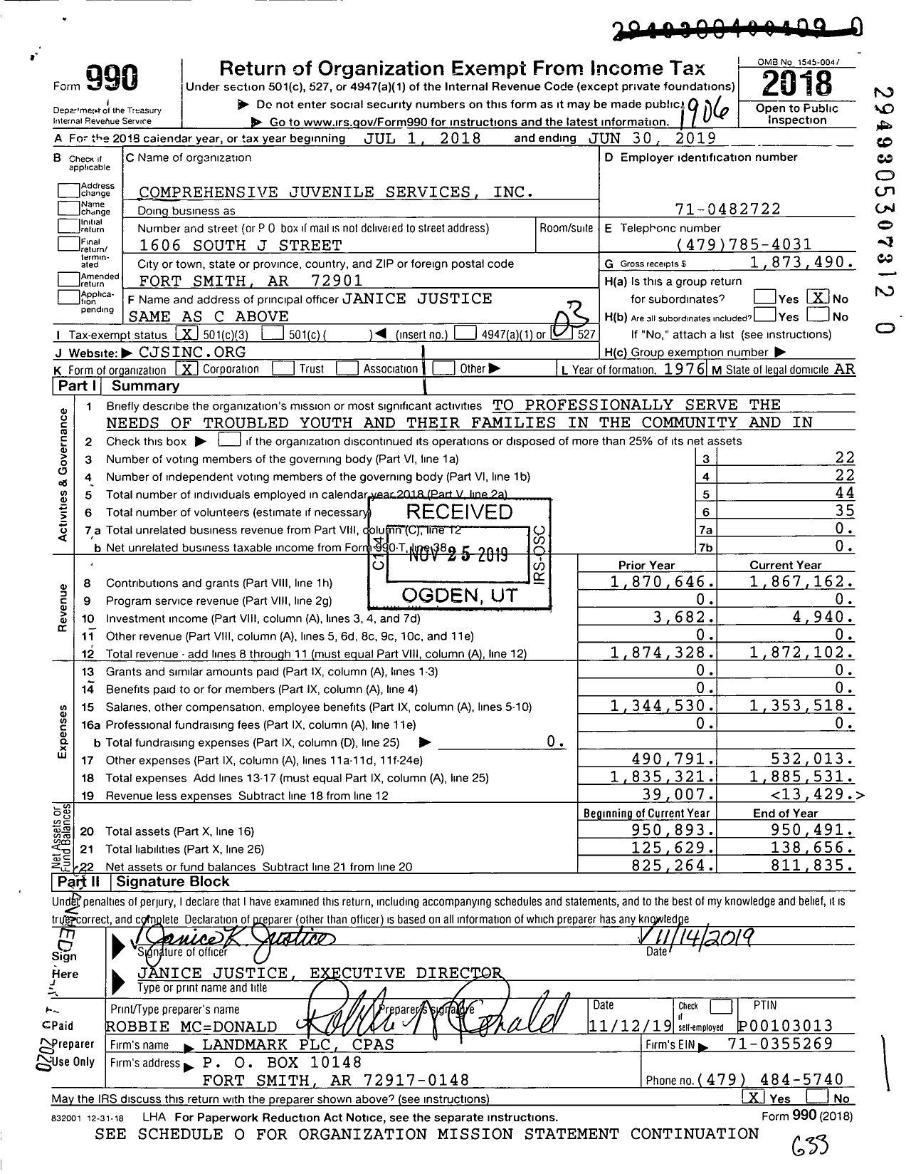 Image of first page of 2018 Form 990 for Comprehensive Juvenile Services