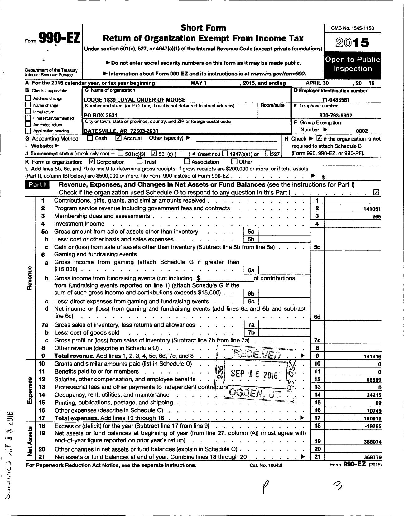 Image of first page of 2015 Form 990EO for Loyal Order of Moose - Batesville Lodge 1839