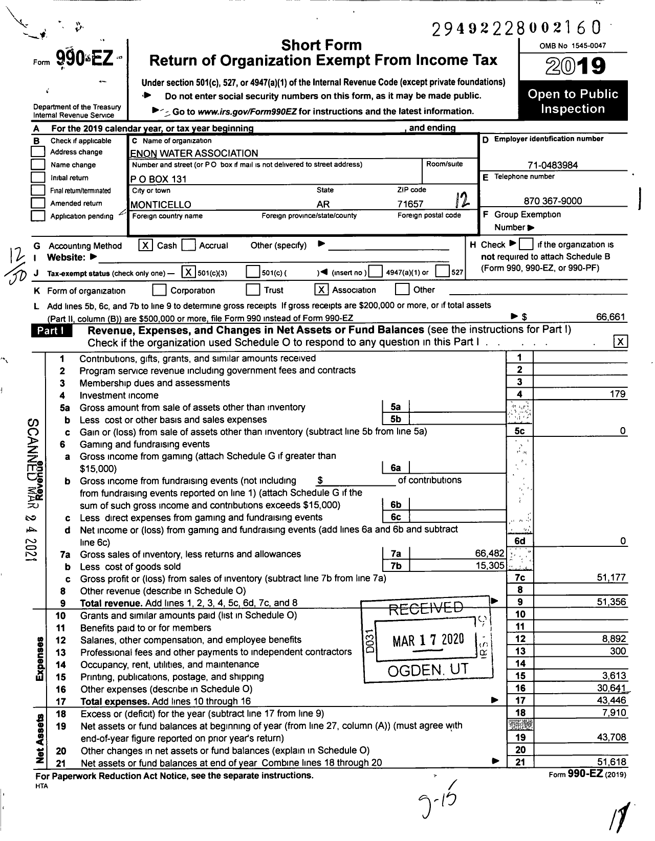 Image of first page of 2019 Form 990EO for Enon Water Association