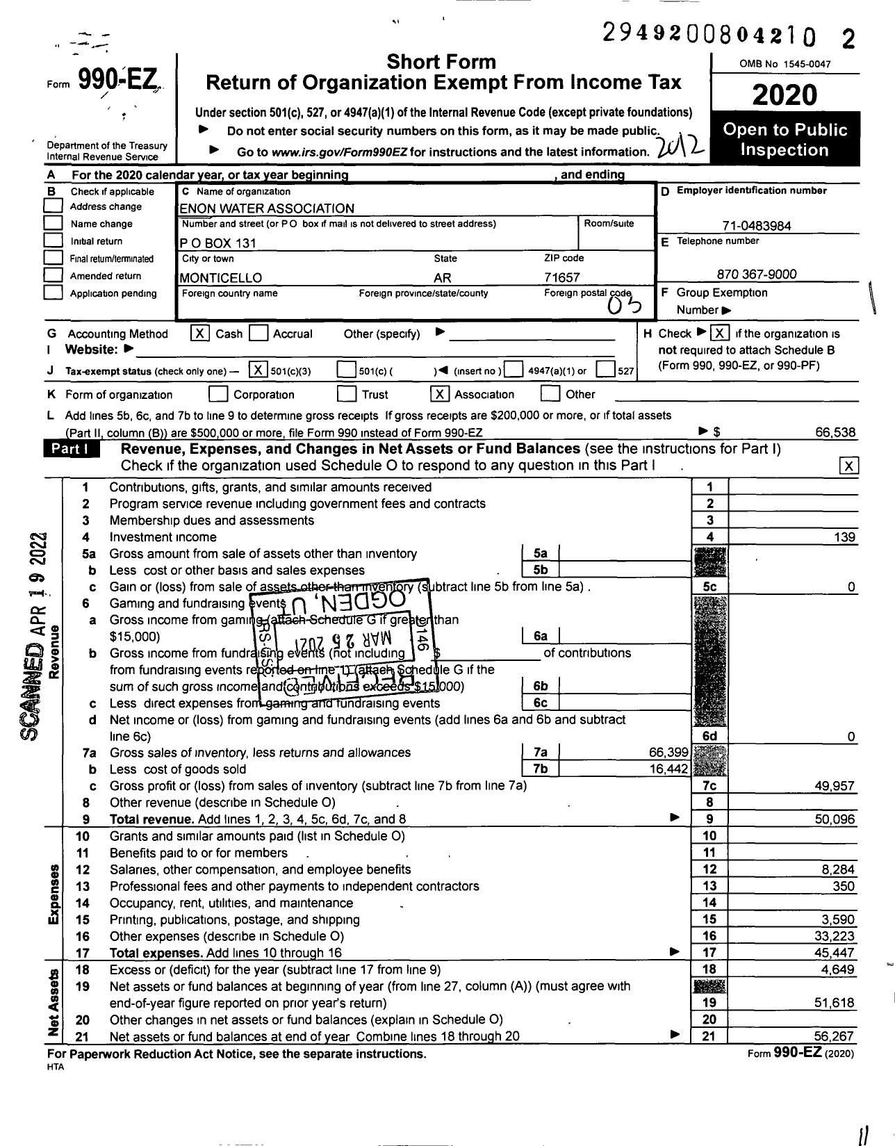 Image of first page of 2020 Form 990EZ for Enon Water Association