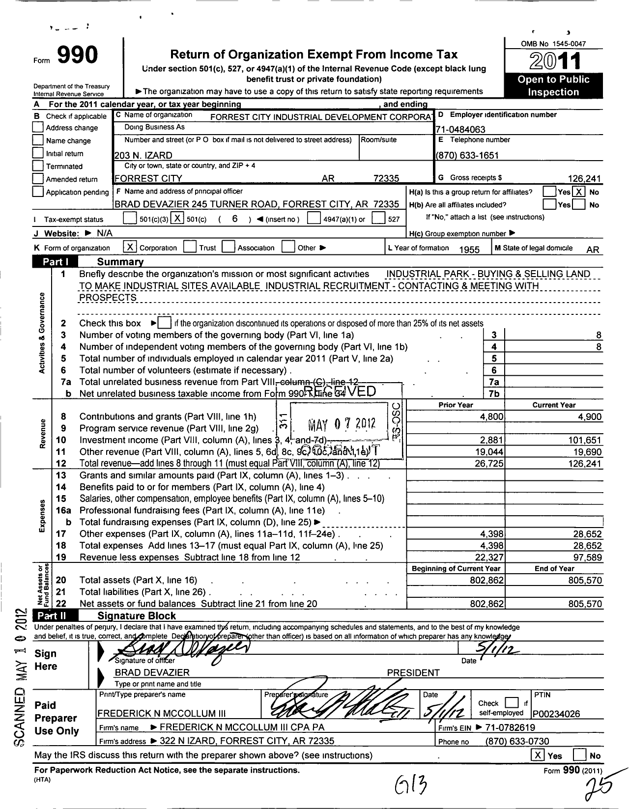 Image of first page of 2011 Form 990O for Forrest City Industrial Development