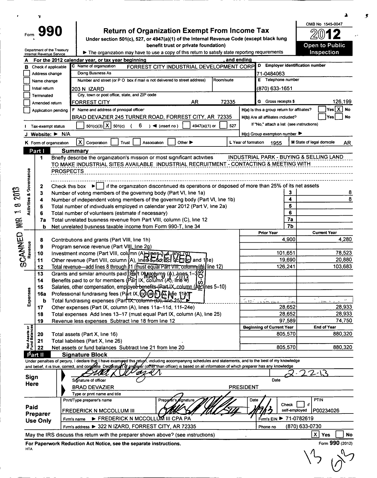 Image of first page of 2012 Form 990O for Forrest City Industrial Development