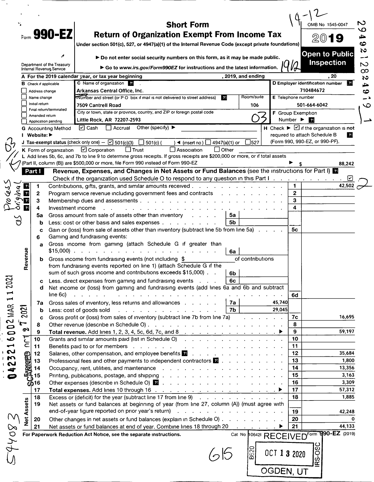 Image of first page of 2019 Form 990EZ for Arkansas Central Office