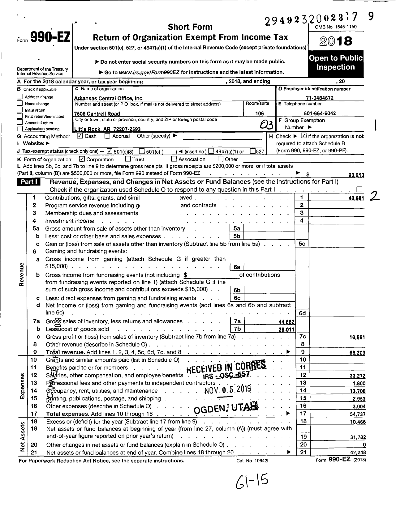Image of first page of 2018 Form 990EZ for Arkansas Central Office