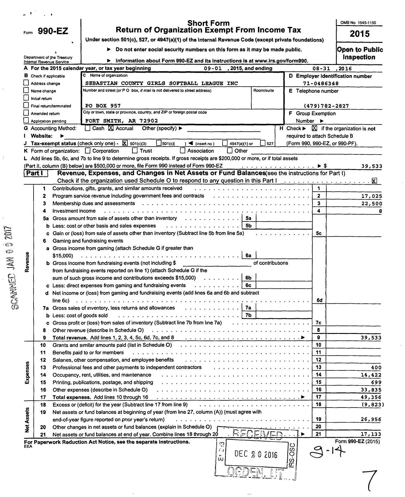 Image of first page of 2015 Form 990EZ for Sebastian County Girls Softball League