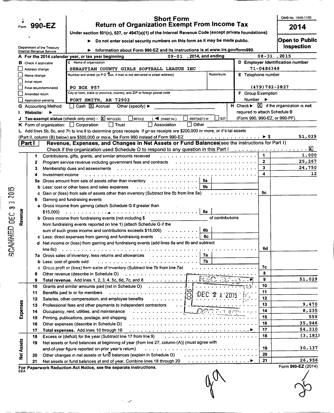 Image of first page of 2014 Form 990EZ for Sebastian County Girls Softball League