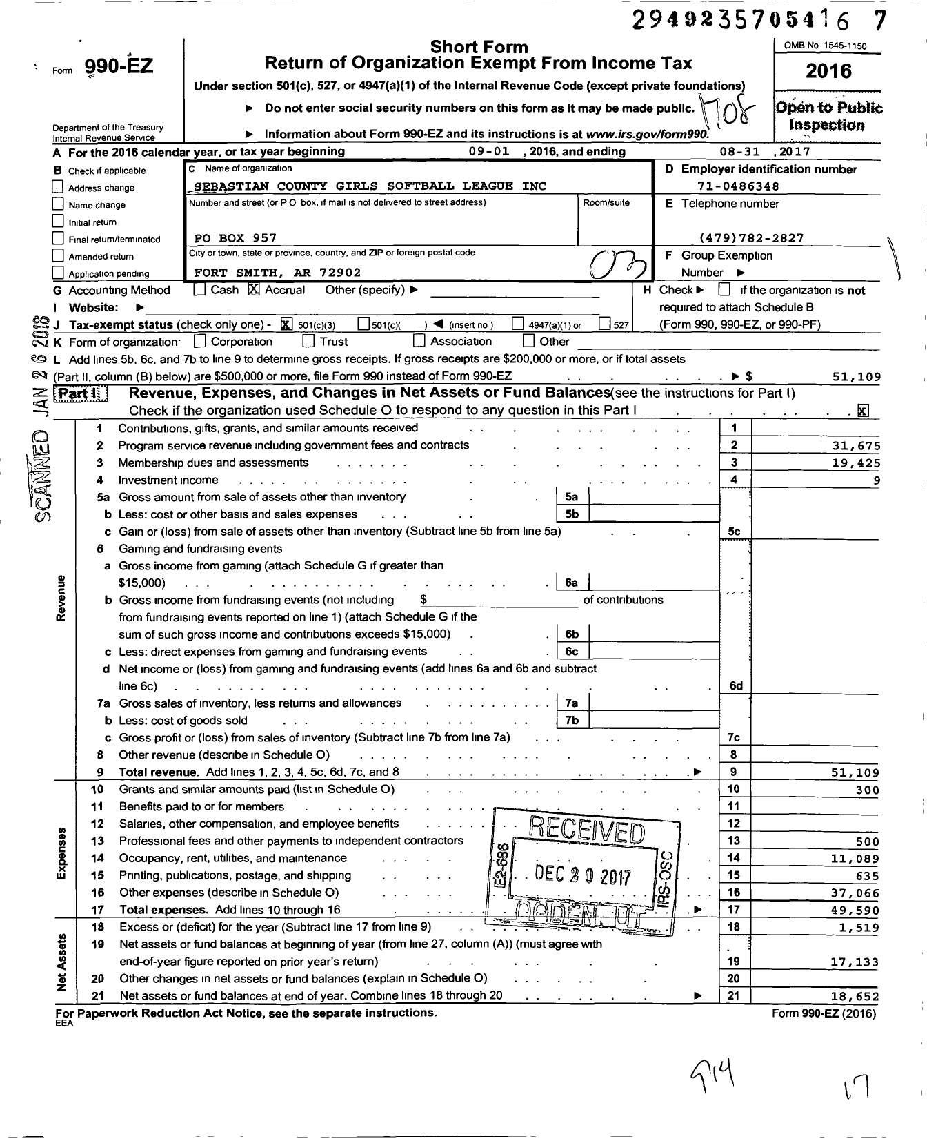 Image of first page of 2016 Form 990EZ for Sebastian County Girls Softball League