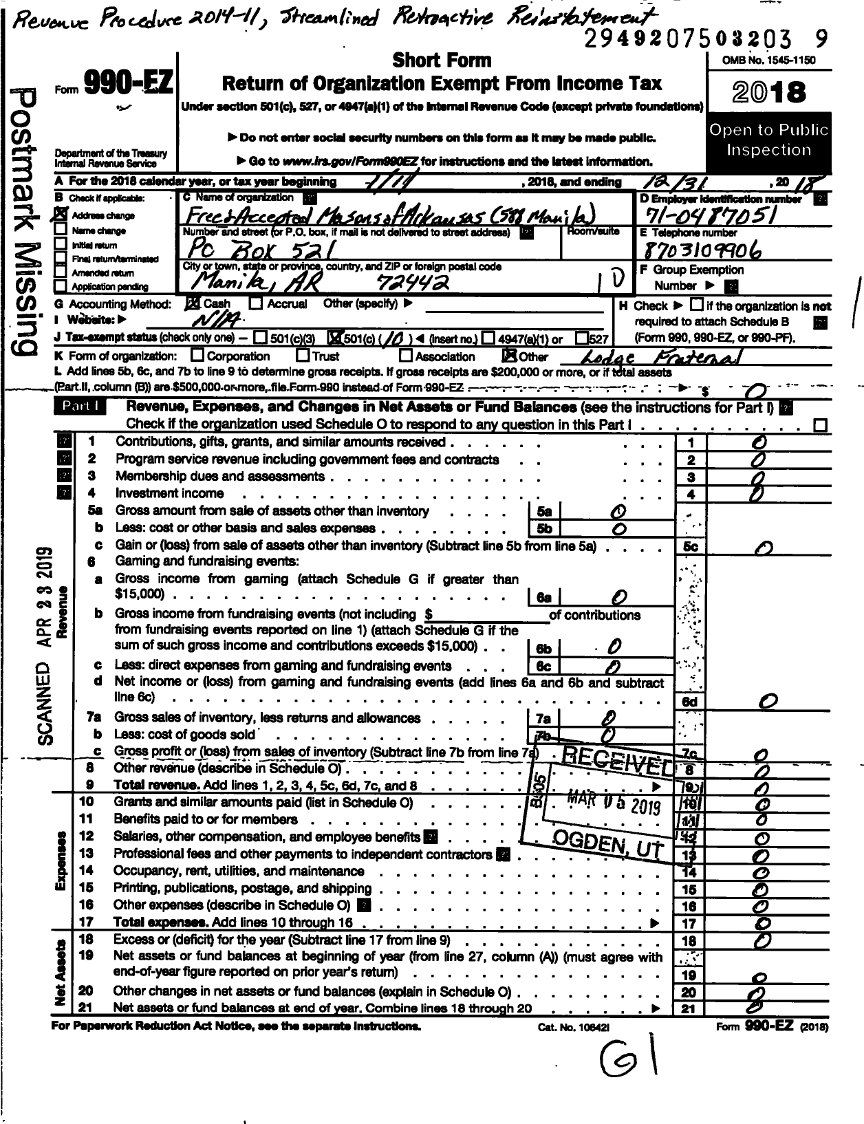 Image of first page of 2018 Form 990EO for Free and Accepted Masons of Arkansas