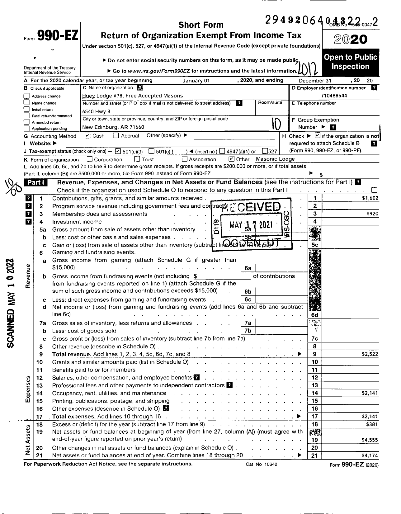 Image of first page of 2020 Form 990EO for Free and Accepted Masons of Arkansas - 78 Huey