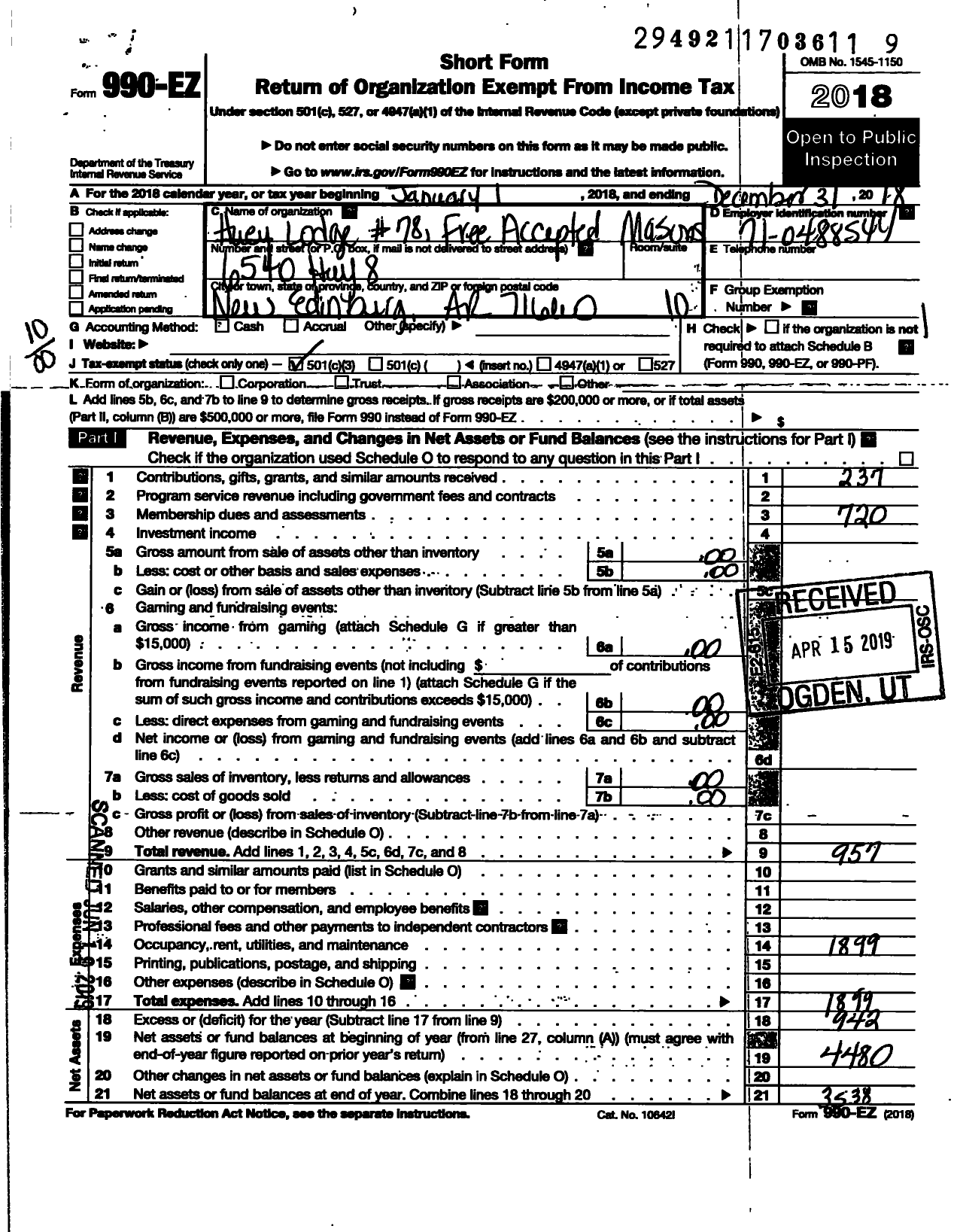 Image of first page of 2018 Form 990EO for Free and Accepted Masons of Arkansas - 78 Huey