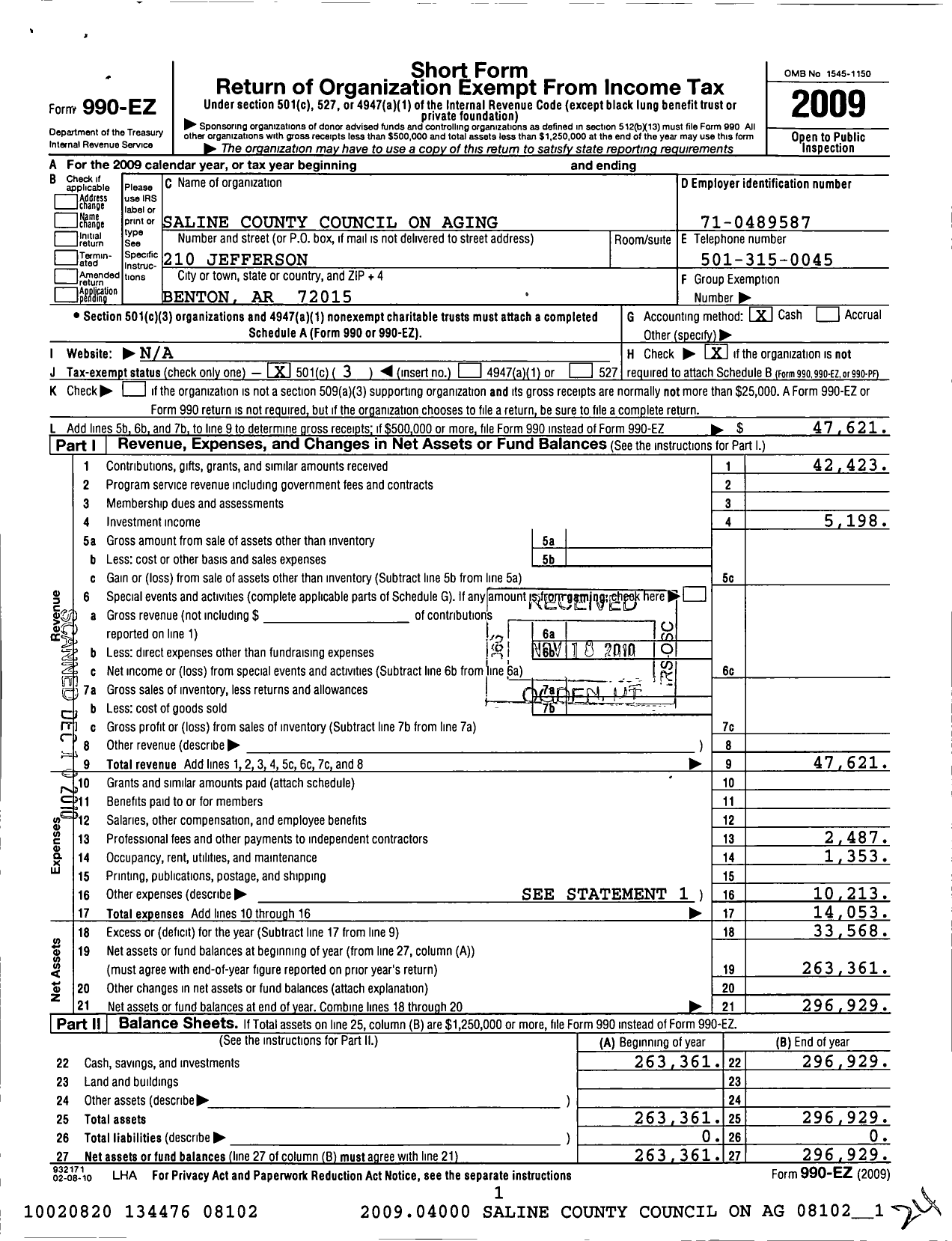 Image of first page of 2009 Form 990EZ for Saline County Council on Aging