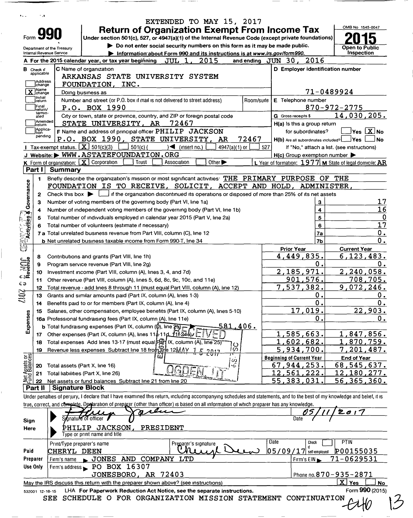 Image of first page of 2015 Form 990 for Arkansas State University System Foundation