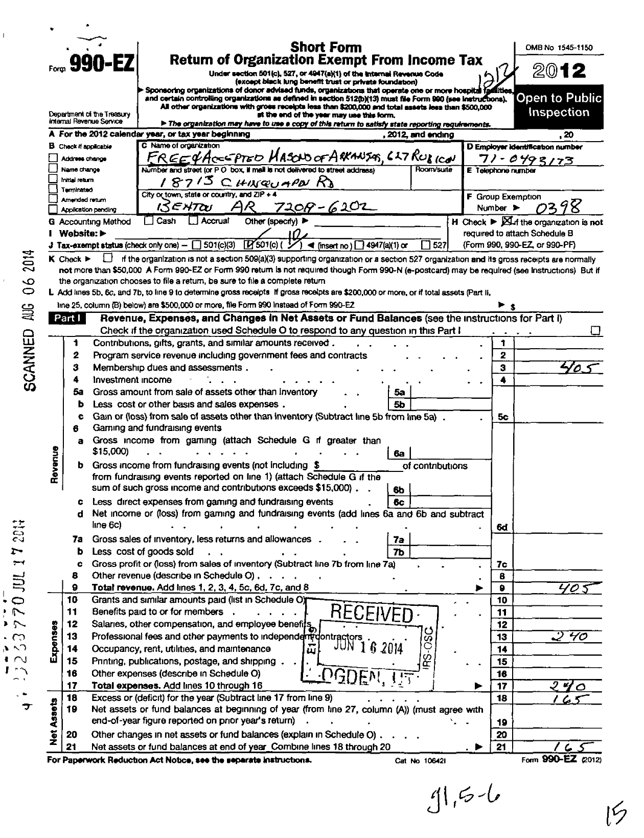 Image of first page of 2012 Form 990EO for Free and Accepted Masons of Arkansas - 627 Rubicon