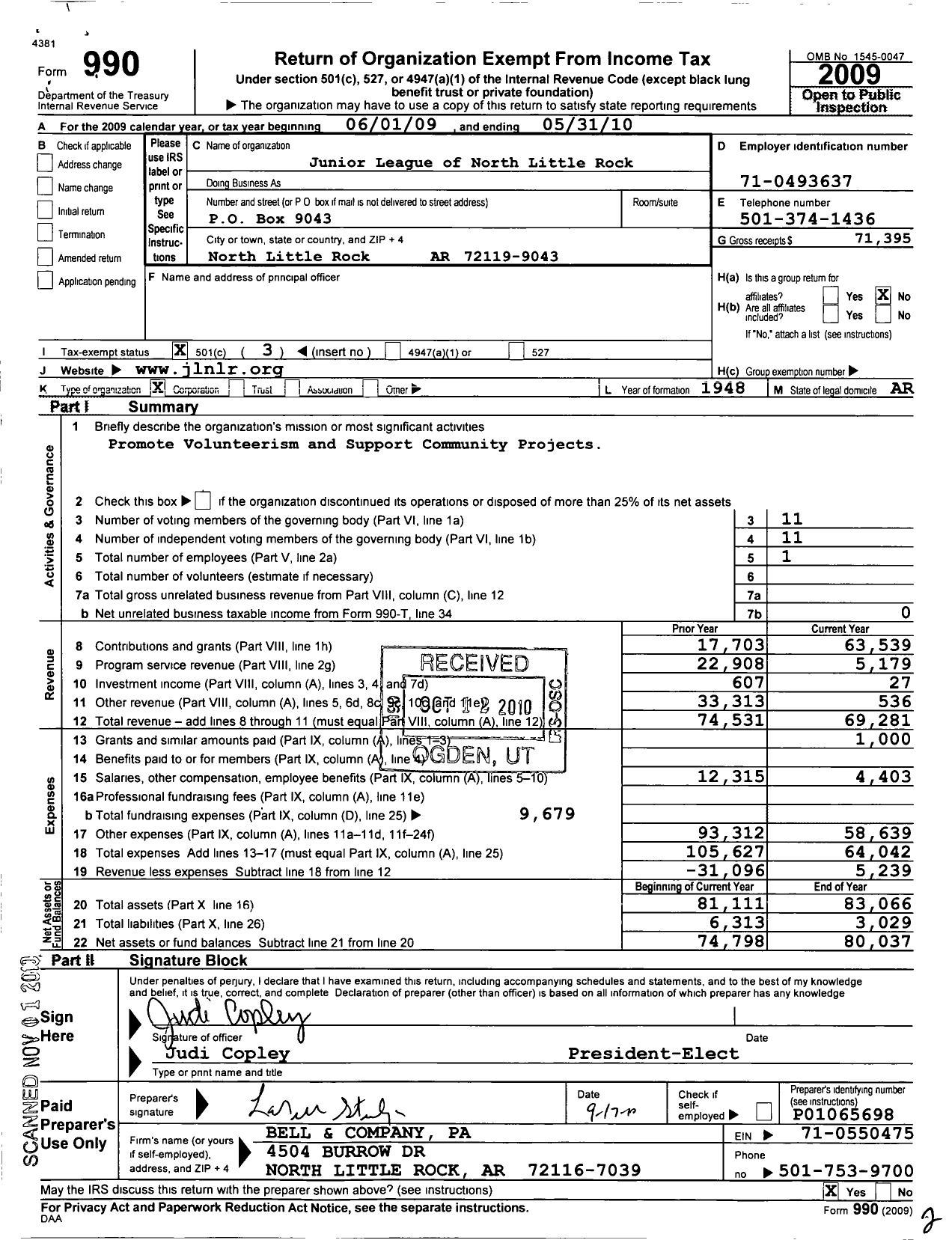 Image of first page of 2009 Form 990 for Junior League of North Little Rock