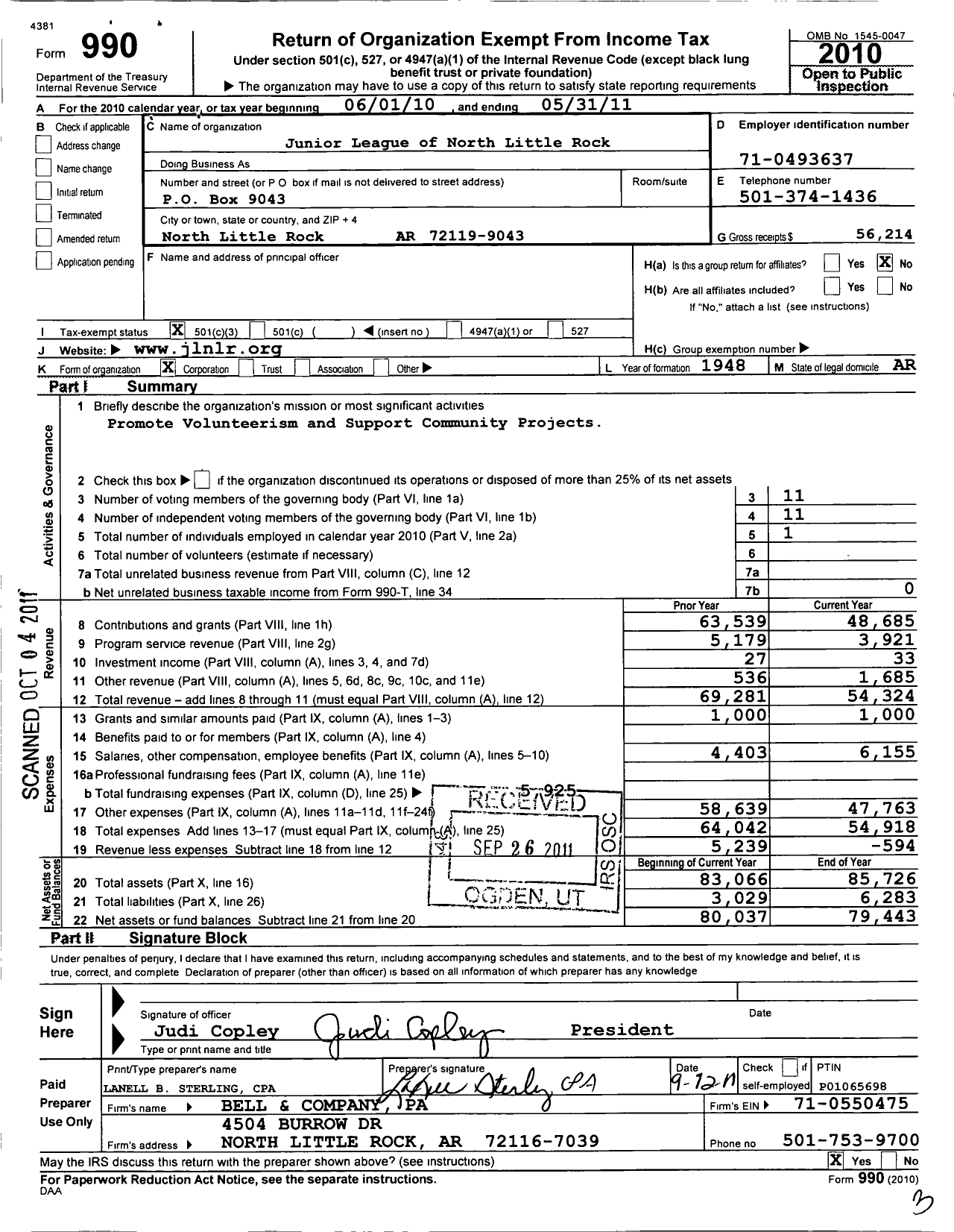 Image of first page of 2010 Form 990 for Junior League of North Little Rock