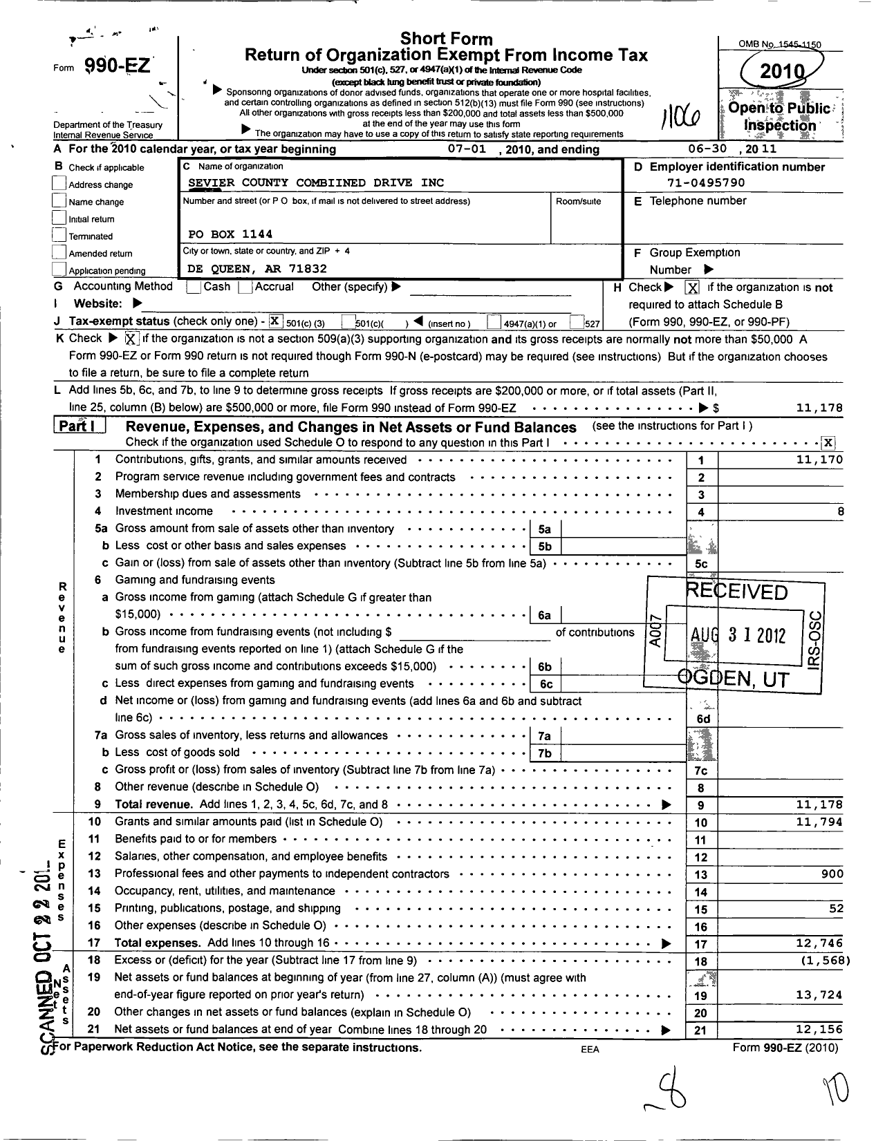 Image of first page of 2010 Form 990EZ for Sevier County Combined Drive