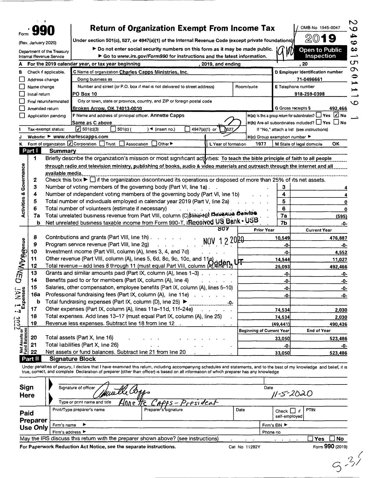 Image of first page of 2019 Form 990 for Charles Capps Ministries