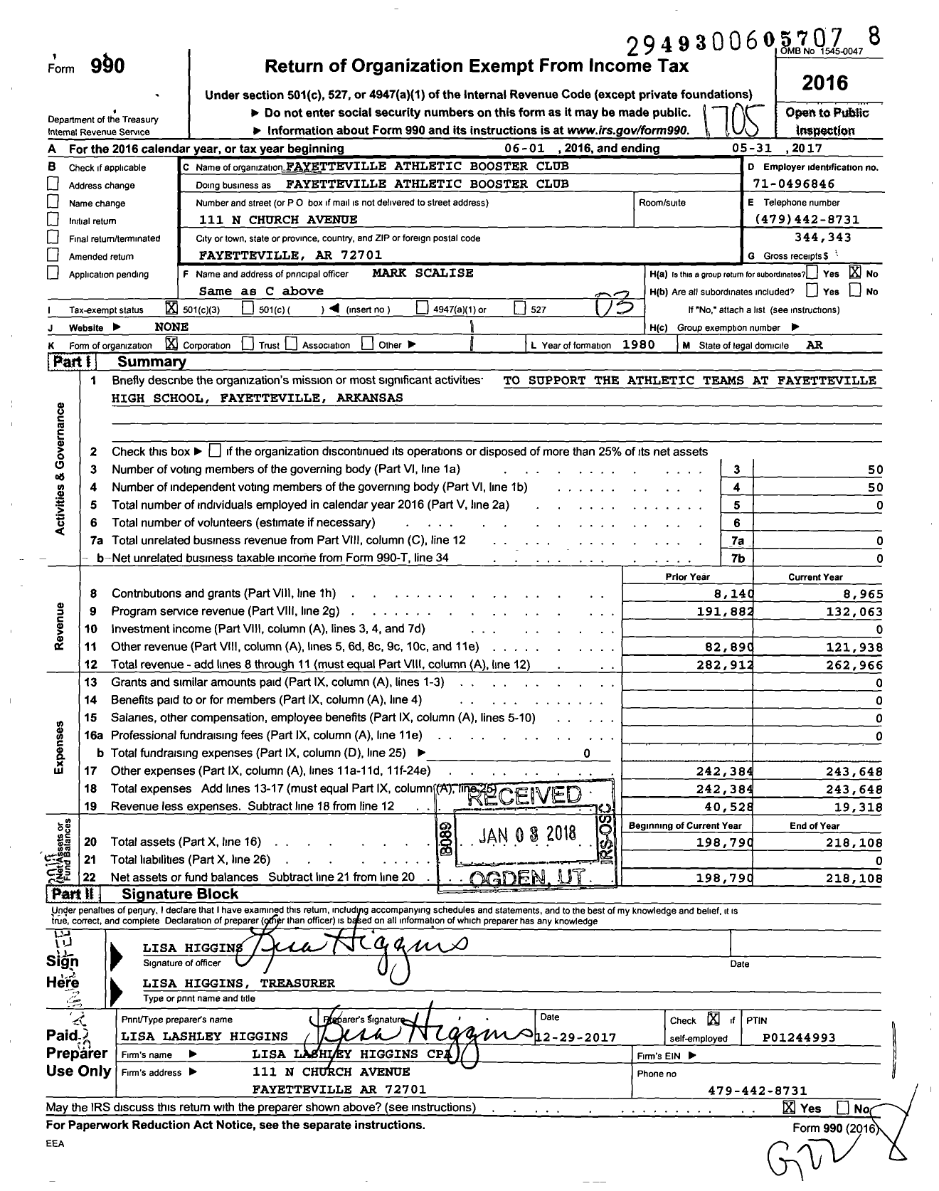 Image of first page of 2016 Form 990 for Fayetteville Athletic Booster Club