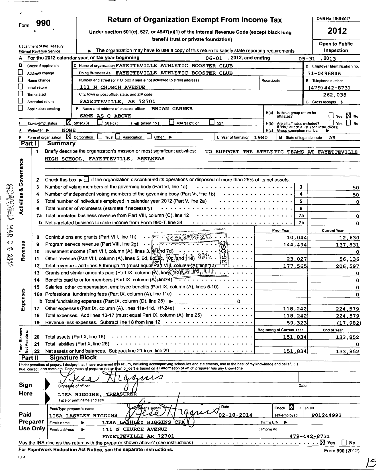 Image of first page of 2012 Form 990 for Fayetteville Athletic Booster Club