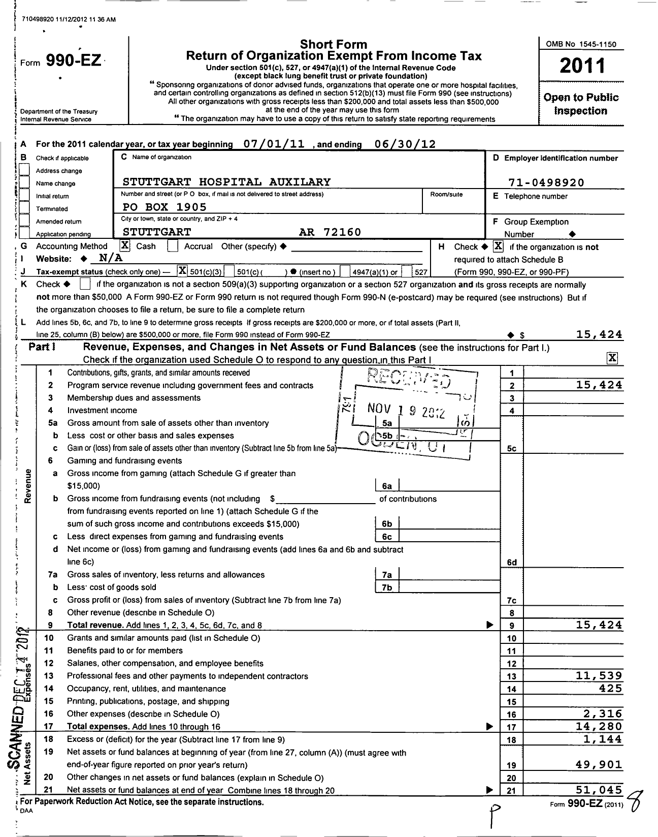 Image of first page of 2011 Form 990EZ for Stuttgart Hospital Auxiliary