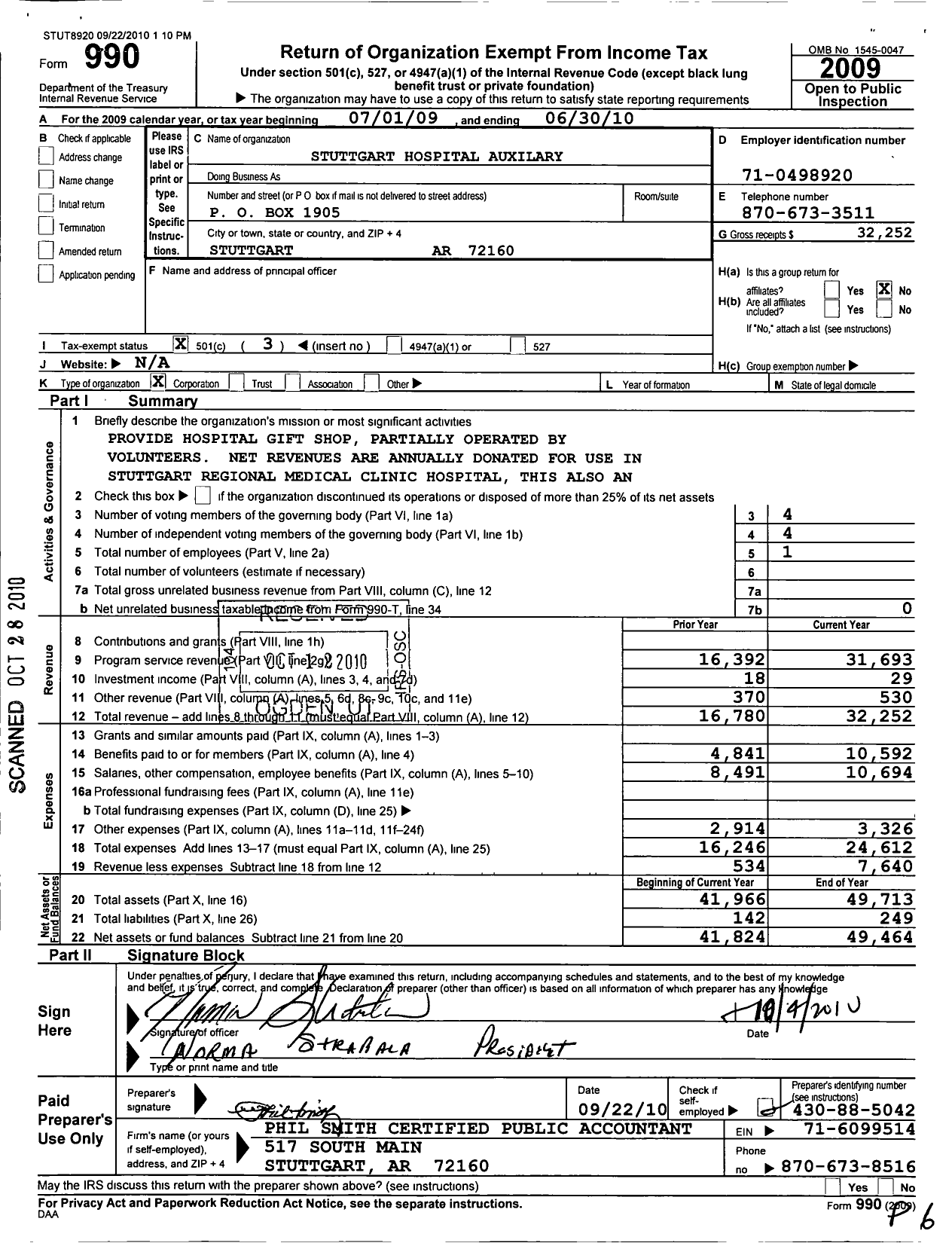 Image of first page of 2009 Form 990 for Stuttgart Hospital Auxiliary