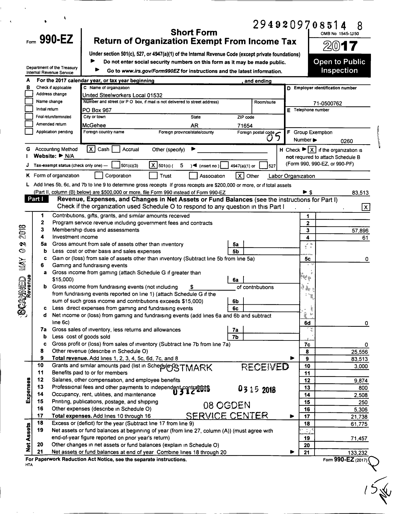 Image of first page of 2017 Form 990EO for United Steelworkers - 01532 Local