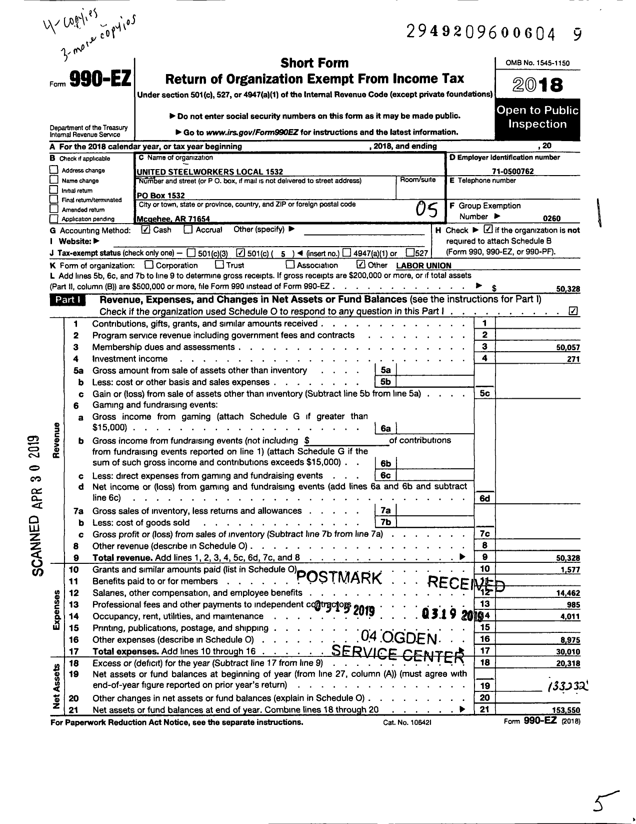 Image of first page of 2018 Form 990EO for United Steelworkers - 01532 Local