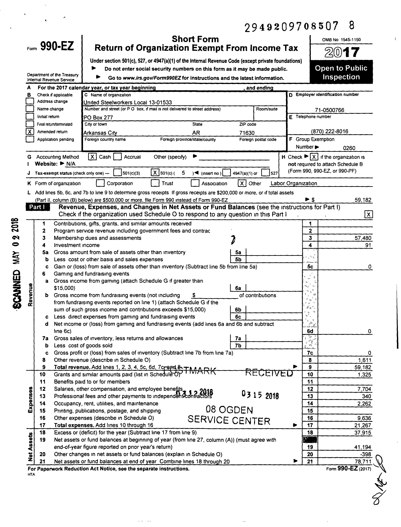 Image of first page of 2017 Form 990EO for United Steelworkers - 13-01533 Local