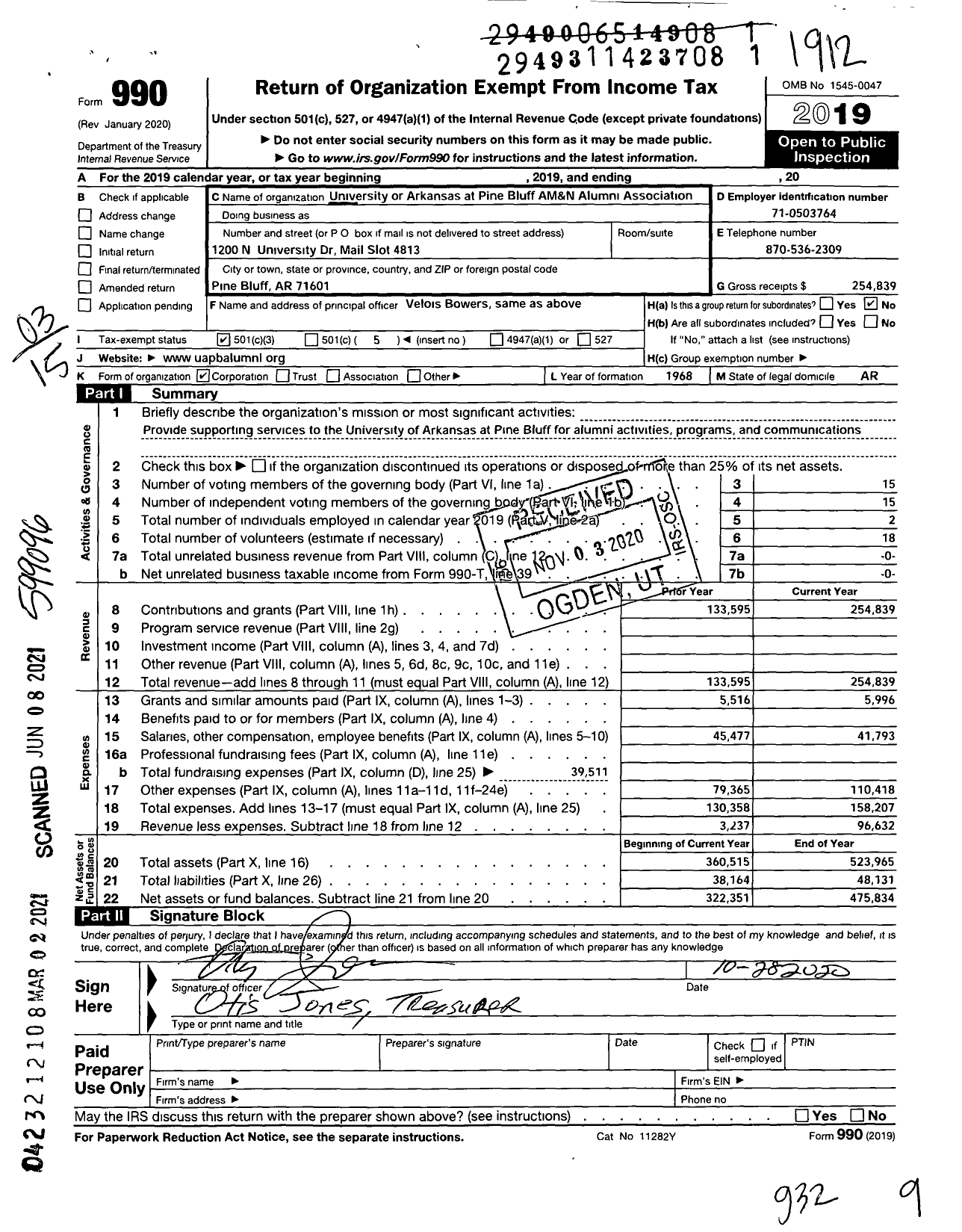 Image of first page of 2019 Form 990 for University of Arkansas Pine Bluff Ark AM&N Alumni