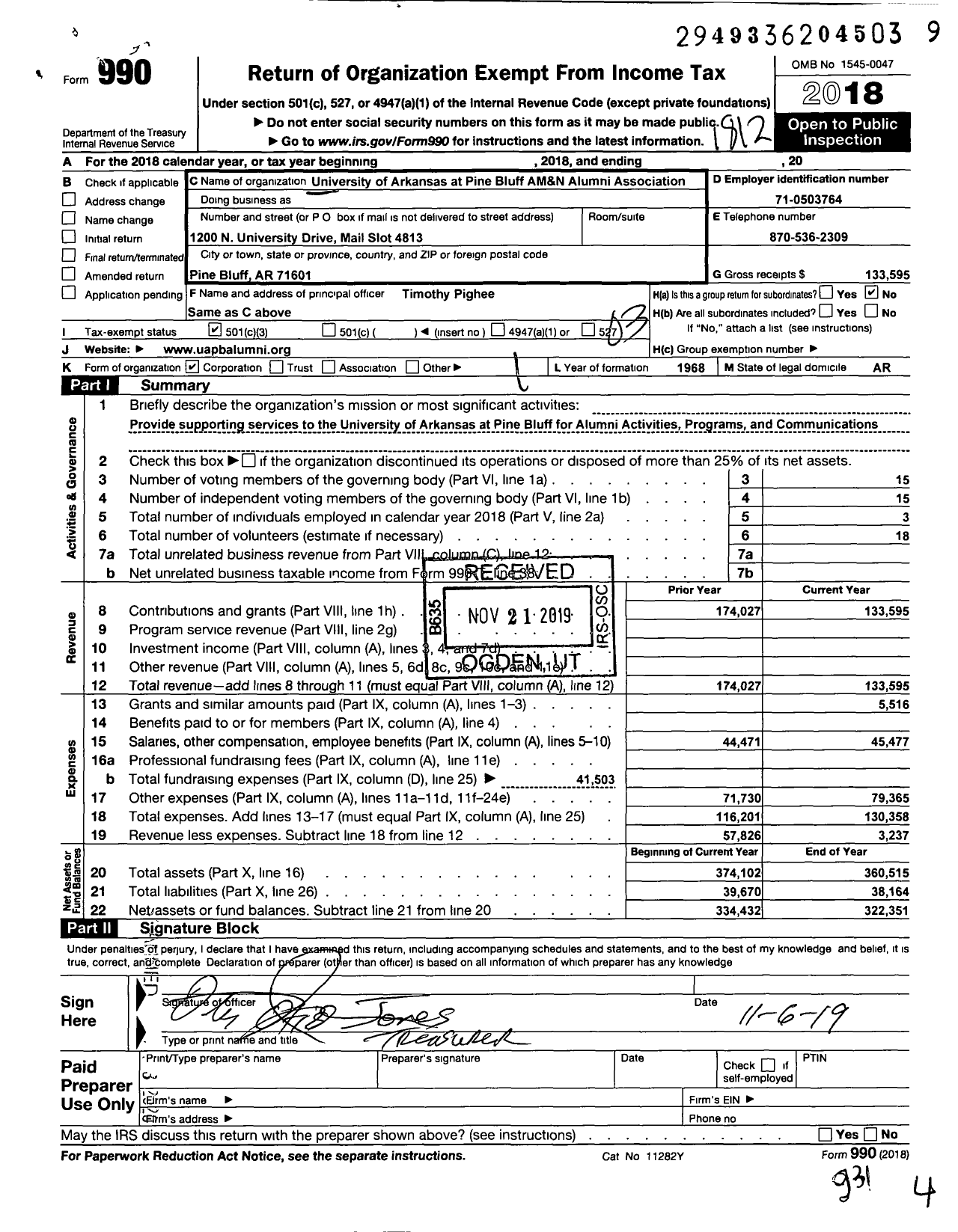 Image of first page of 2018 Form 990 for University of Arkansas Pine Bluff Ark AM&N Alumni