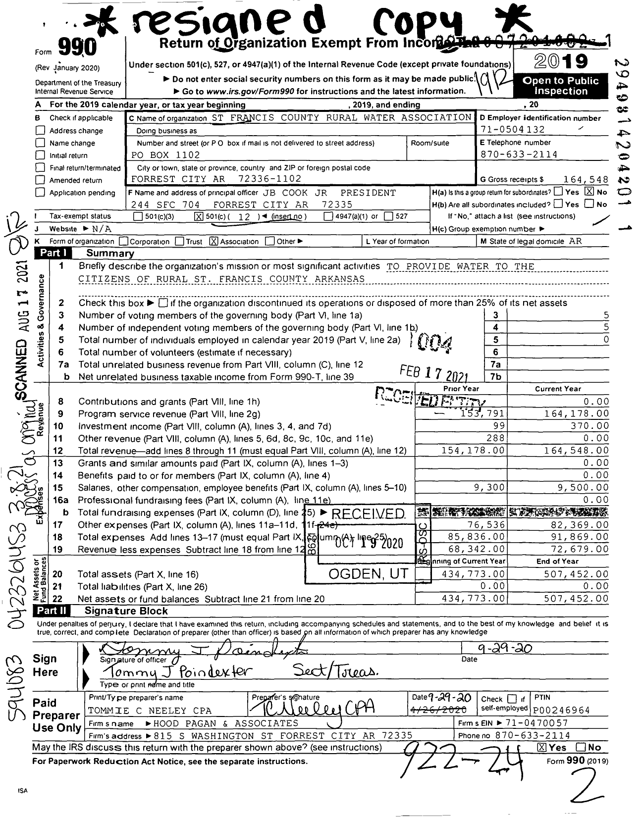 Image of first page of 2019 Form 990O for St Francis County Rural Water Association