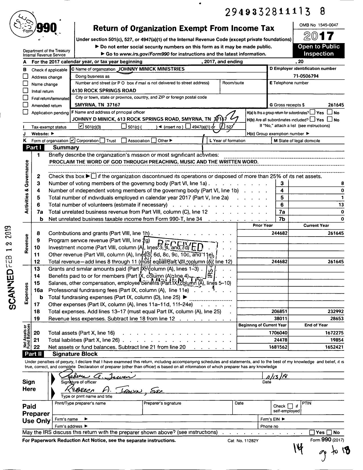 Image of first page of 2017 Form 990 for Johnny Minick Ministries