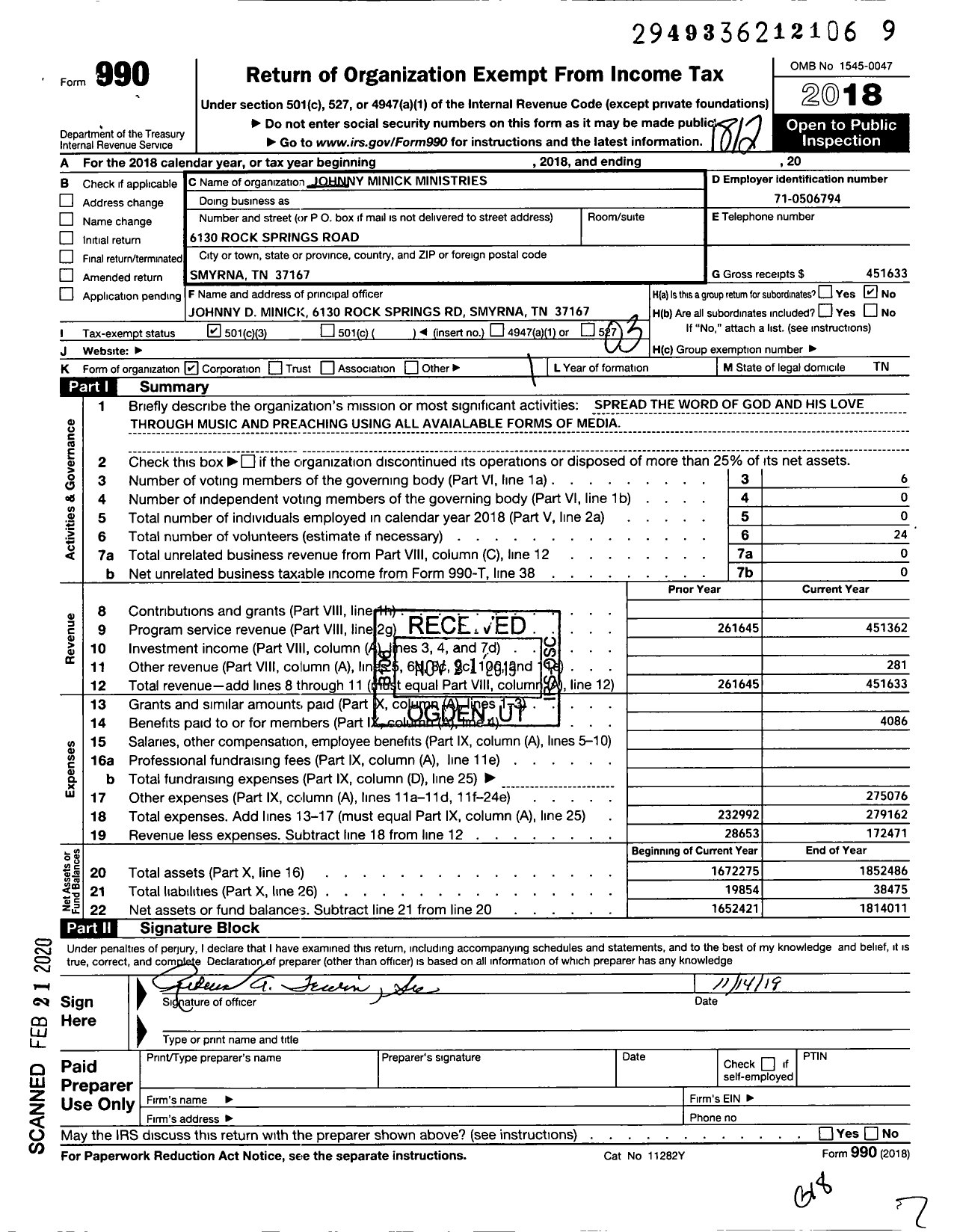 Image of first page of 2018 Form 990 for Johnny Minick Ministries