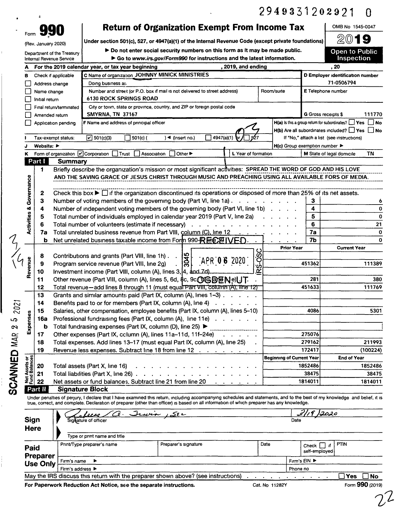 Image of first page of 2019 Form 990 for Johnny Minick Ministries