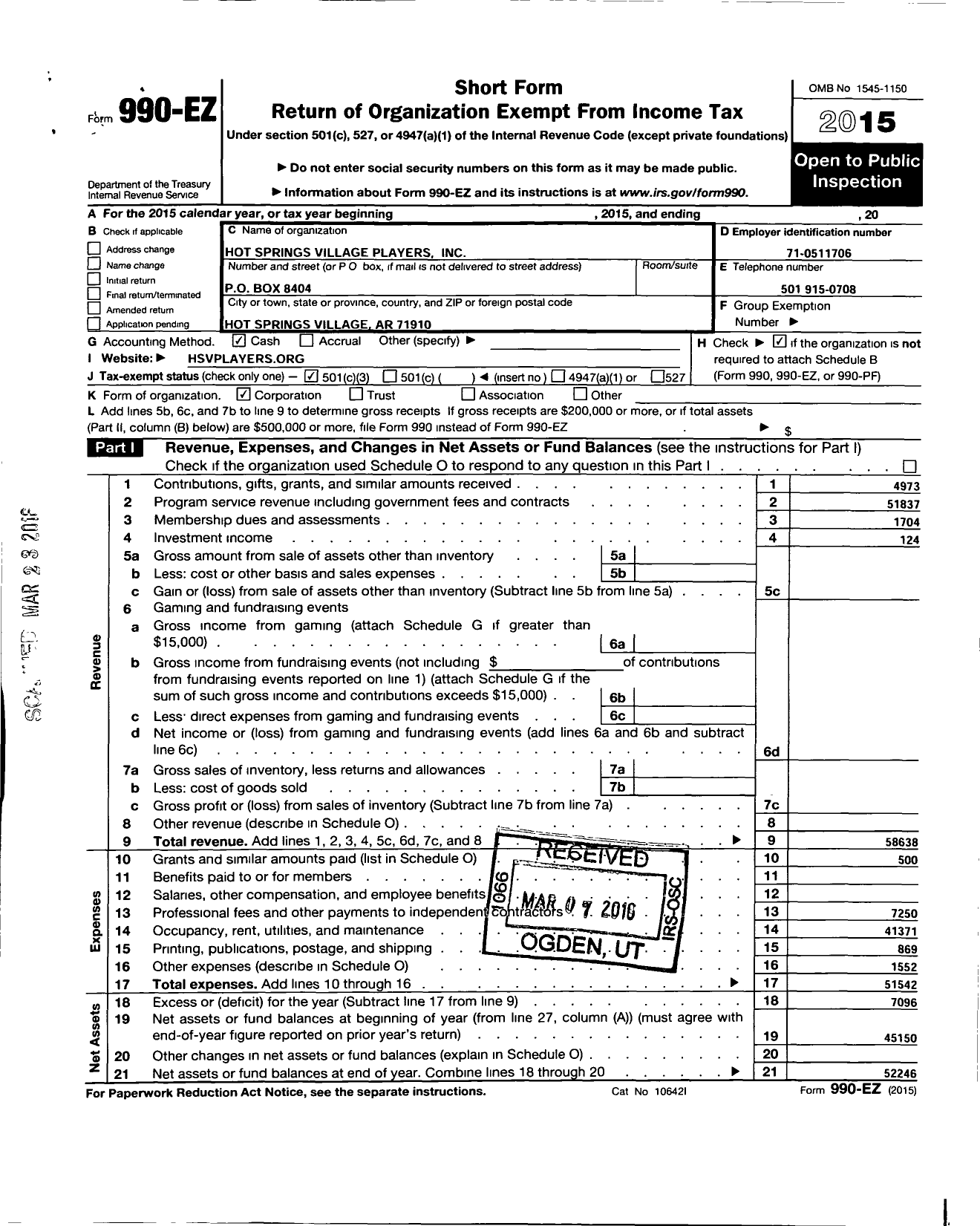 Image of first page of 2015 Form 990EZ for Hot Springs Village Players