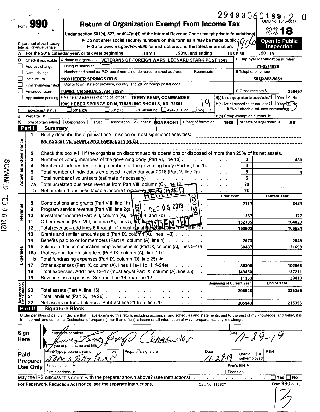 Image of first page of 2018 Form 990O for Veterans of Foreign Wars Department of Arkansas - 3543 Leonard Stark