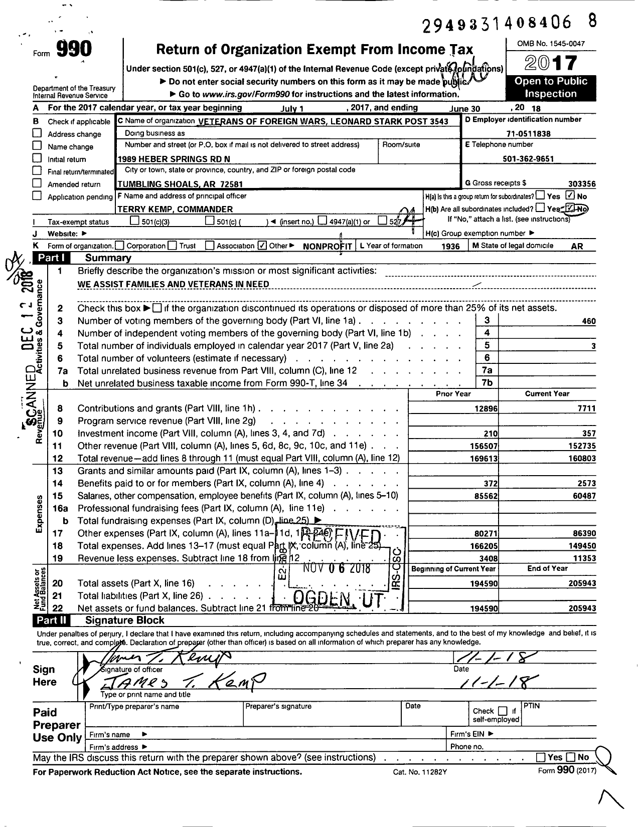 Image of first page of 2017 Form 990O for Veterans of Foreign Wars Department of Arkansas - 3543 Leonard Stark