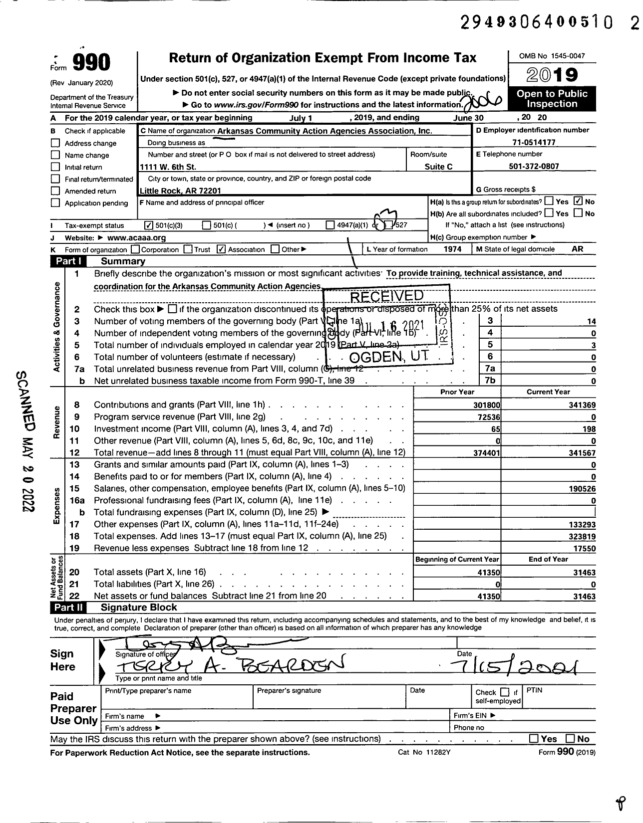 Image of first page of 2019 Form 990 for Arkansas Community Action Agencies Association