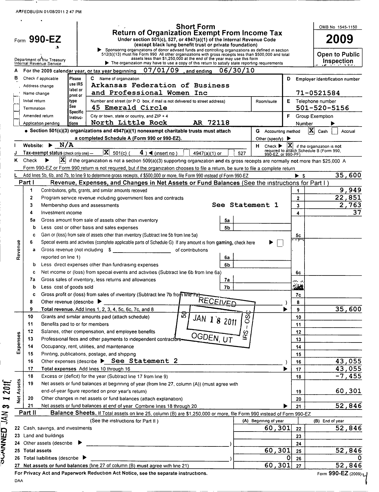 Image of first page of 2009 Form 990EO for Arkansas Federation of Business and Professional Womens Clubs Nof Business