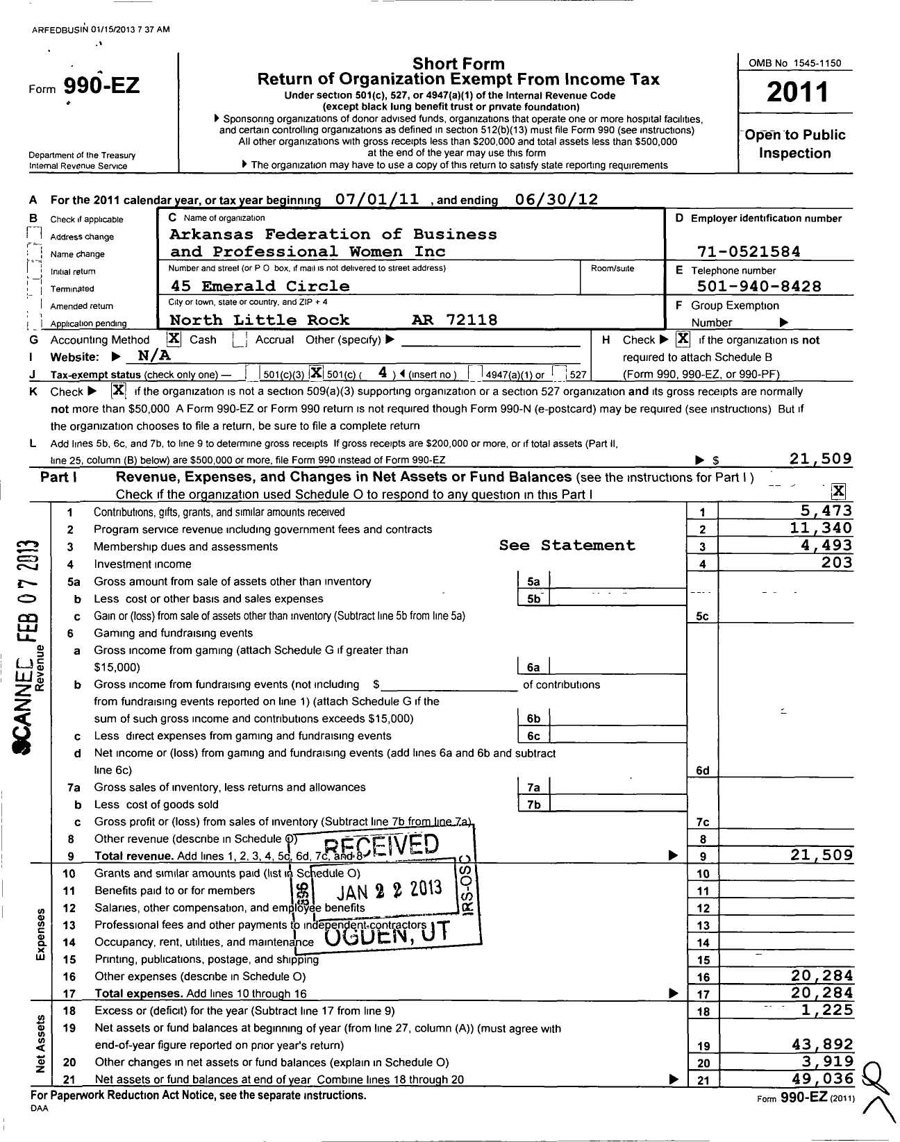 Image of first page of 2011 Form 990EO for Arkansas Federation of Business and Professional Womens Clubs Nof Business