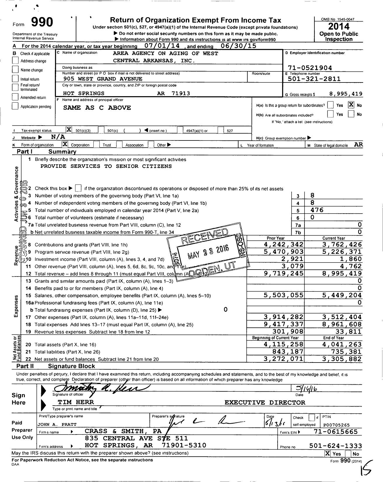 Image of first page of 2014 Form 990 for Area Agency on Aging of West Central Arkansas