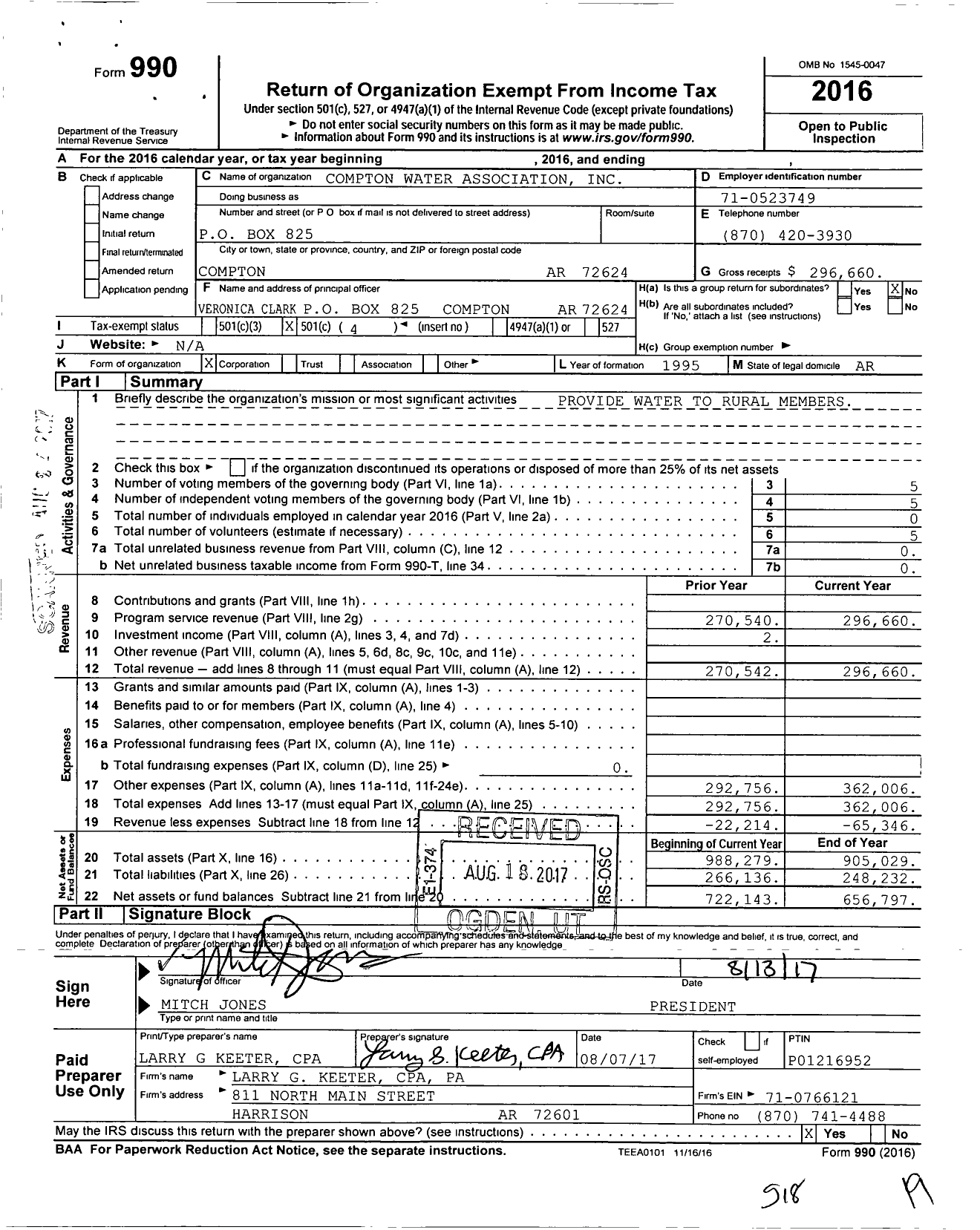 Image of first page of 2016 Form 990O for Compton Water Association
